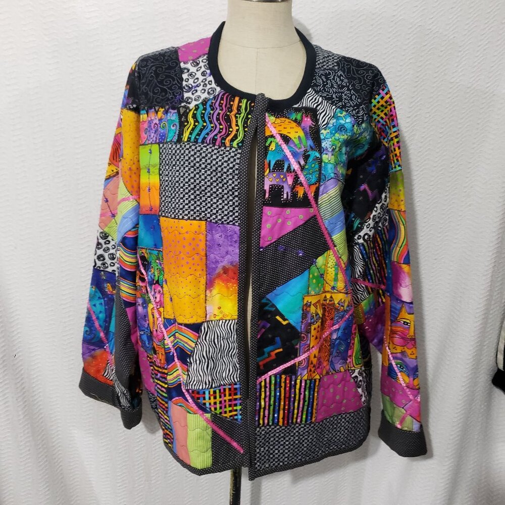 Rare Jerzees Rainbow Patchwork CATS DOGS Pattern Open Front Jacket 2XL (50/52)